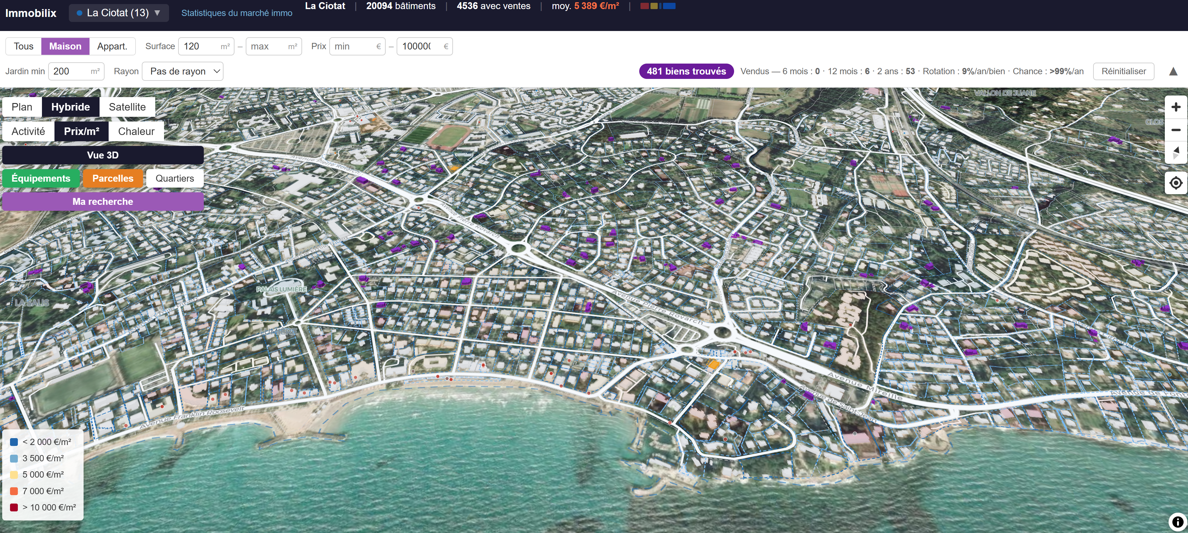 Vue carte Immobilix — commune avec filtres de recherche et prix au m²